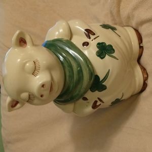 Vintage Shawnee USA Pottery Pig Green Shamrock Cookie Jar